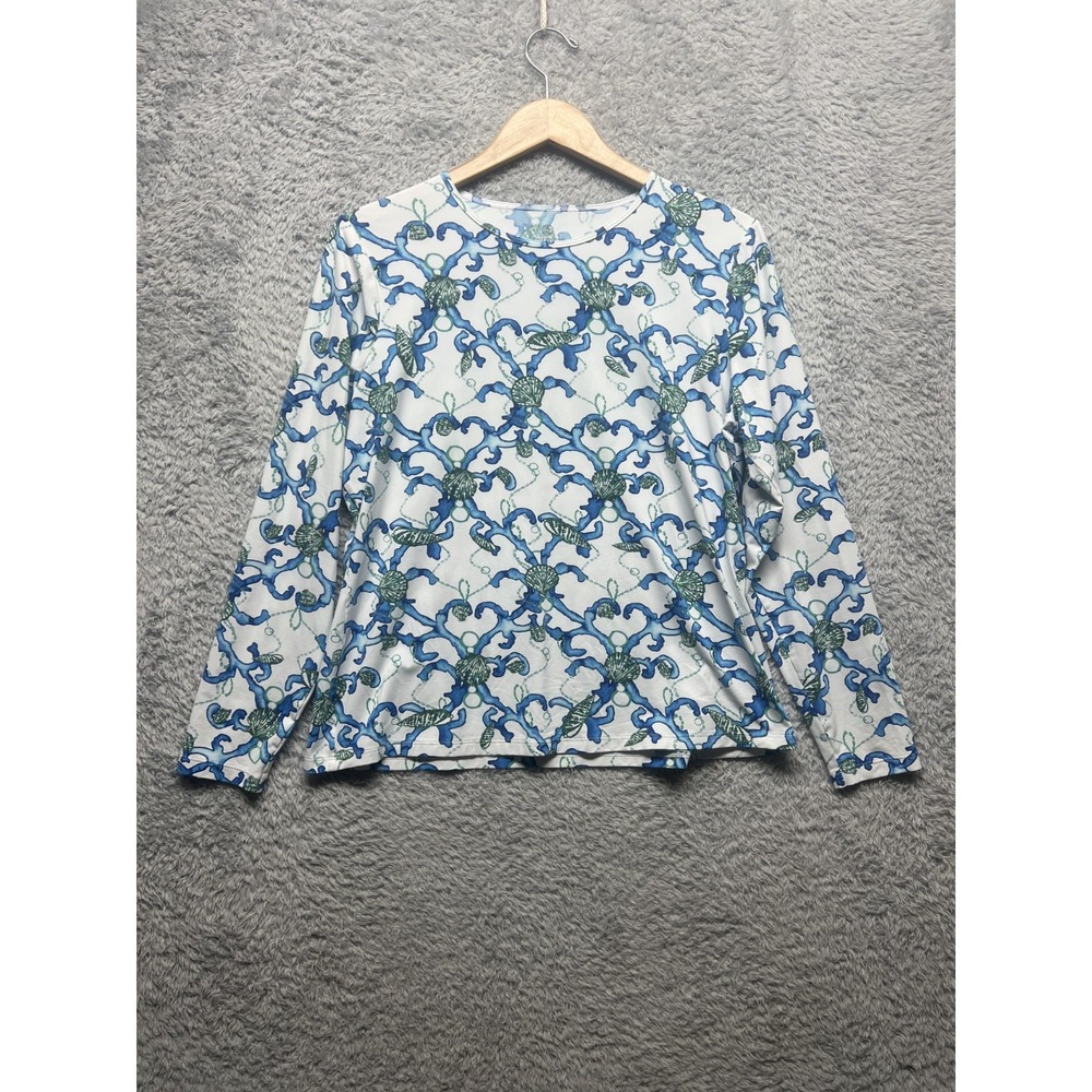 Lands End Top Womens Large 14-16 Blue White Green Long Sleeve Crew Neck Nautical